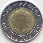 () Монета Италия 1994 год 500  ""   Биметалл  UNC
