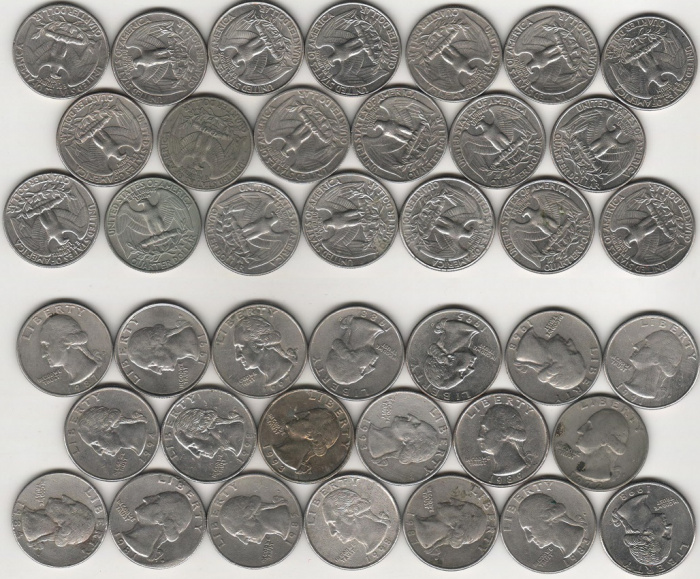 (20 монет) Набор монет США 1965-1998 год &quot;25 центов Вашигтон, смесь годов&quot;   VF