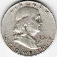 (1953d) Монета США 1953 год 50 центов   Бенджамин Франклин Серебро Ag 900  VF