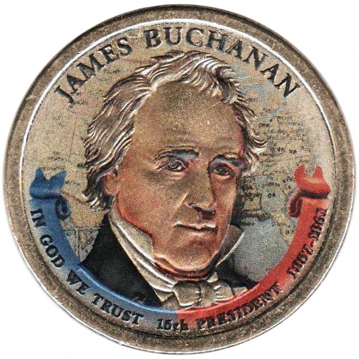 15p Монета США 2010 год 1 доллар Джеймс Бьюкенен  Вариант №2 Латунь  COLOR. Цветная