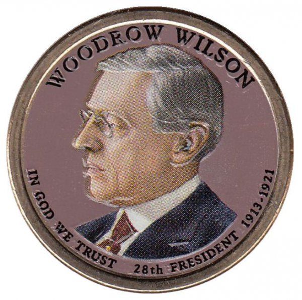(28d) Монета США 2013 год 1 доллар &quot;Вудро Вильсон&quot;  Вариант №1 Латунь  COLOR. Цветная