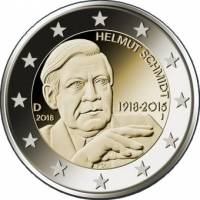 (019) Монета Германия (ФРГ) 2018 год 2 евро "Гельмут Шмидт" Двор J Биметалл  UNC