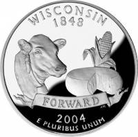 (030s, Ag) Монета США 2004 год 25 центов "Висконсин"  Серебро Ag 900  PROOF