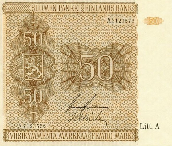 (1945 Litt A) Банкнота Финляндия 1945 год 50 марок    UNC
