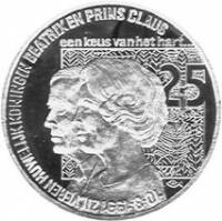 (№1991) Монета Нидерланды 1991 год 100 Ecu (Серебряный Юбилей Королевы Беатрикс Принц Клаус)