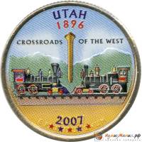 (045p) Монета США 2007 год 25 центов "Юта"  Вариант №1 Медь-Никель  COLOR. Цветная