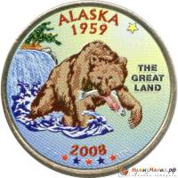 (049p) Монета США 2008 год 25 центов "Аляска"  Вариант №1 Медь-Никель  COLOR. Цветная