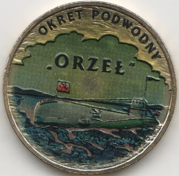 (2012) Монета Польша 2012 год 2 злотых &quot;Подводная лодка Орёл&quot;  Цветная Латунь  UNC