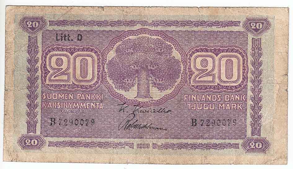 (,) Банкнота Финляндия 1939 год 20 марок    VF