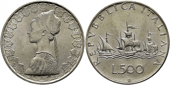 (1985) Монета Италия 1985 год 500 лир &quot;Каравеллы&quot;  Серебро Ag 835  UNC