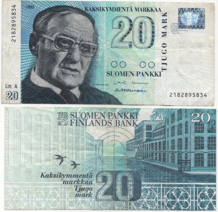 (1993 Litt A) Банкнота Финляндия 1993 год 20 марок &quot;Вяйнё Линна&quot; Korhonen - Heinonen  VF