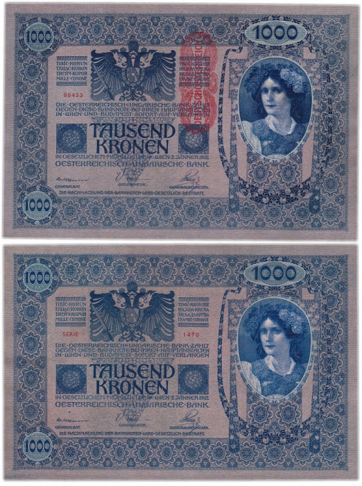 (1919) Банкнота Австро-Венгрия 1919 год 1 000 крон &quot;Вертик надпечатка на боне 1902 года&quot;   XF