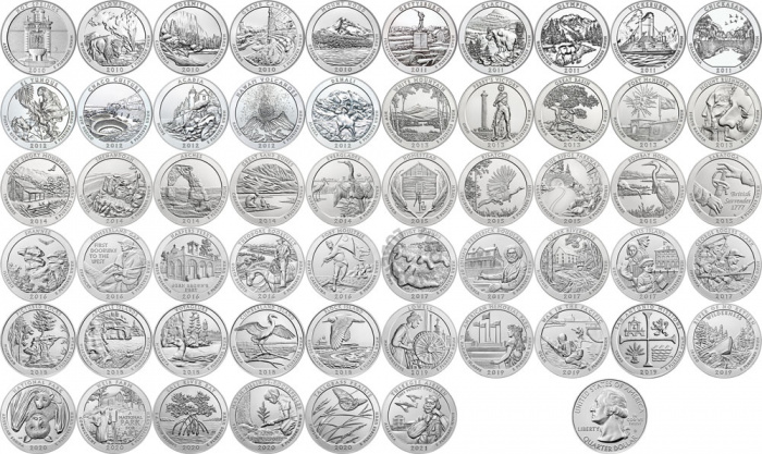 (56 монет) Набор монет США 2010-2021 год &quot;25 центов Национальные парки&quot;   UNC