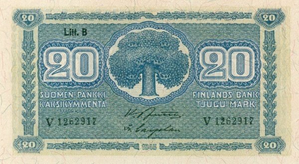 (1945 Litt B) Банкнота Финляндия 1945 год 20 марок  Jutila - Carpelan  UNC