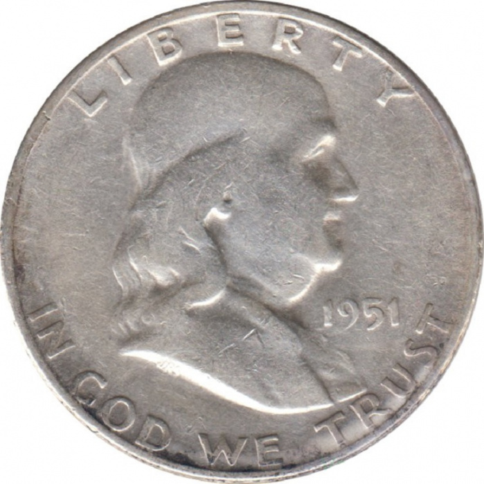 (1951) Монета США 1951 год 50 центов   Бенджамин Франклин Серебро Ag 900  VF