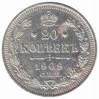 (1909, СПБ ЭБ) Монета Россия 1909 год 20 копеек  Орел D, Ag500, 3.6г, Гурт рубчатый Серебро Ag 500  