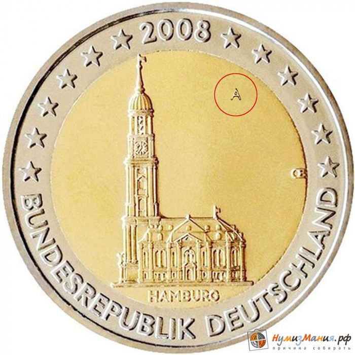 (004) Монета Германия (ФРГ) 2008 год 2 евро &quot;Гамбург&quot; Двор A Биметалл  UNC