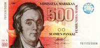 (1986 Litt A) Банкнота Финляндия 1986 год 500 марок "Элиас Лённрот" Ollila - Makinen  UNC