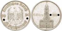 (1934E) Монета Германия 1936 год 5 марок "Кирха в Потсдаме"  C подписью Серебро Ag 900  XF