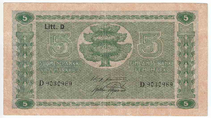 (,) Банкнота Финляндия 1939 год 5 марок    VF