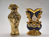 Вазы 2 шт интерьерные керамика позолота синяя с золотым и стразами объемными цветами