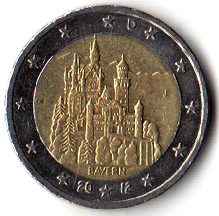 (010) Монета Германия (ФРГ) 2012 год 2 евро &quot;Бавария&quot; Двор J Биметалл  VF
