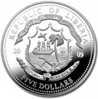 (2009) Монета Либерия 2009 год 5 долларов   Медно-никель, покрытый серебром  UNC