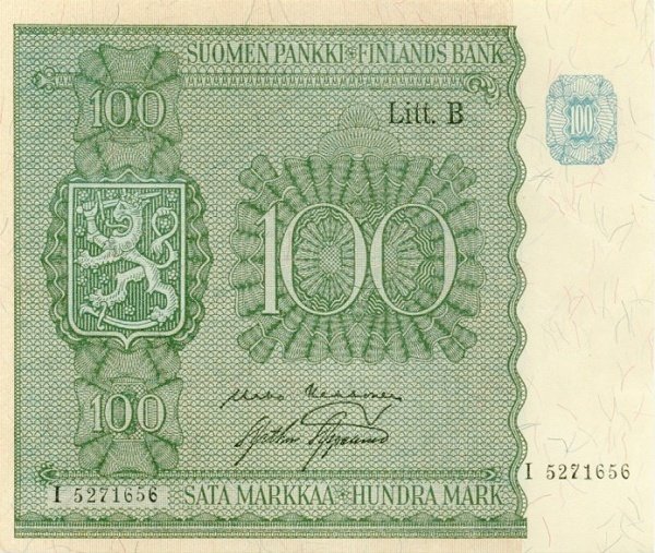 (1945 Litt B) Банкнота Финляндия 1945 год 100 марок    UNC