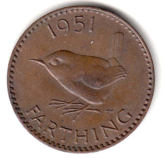 1951 Монета Великобритания 1951 год 1 фартинг Крапивник  Бронза  XF