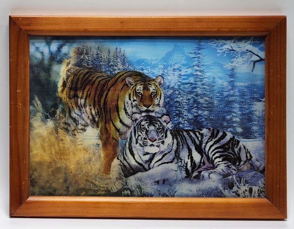Стереофото 3 D Тигры / Лев в рамке деревянной А4