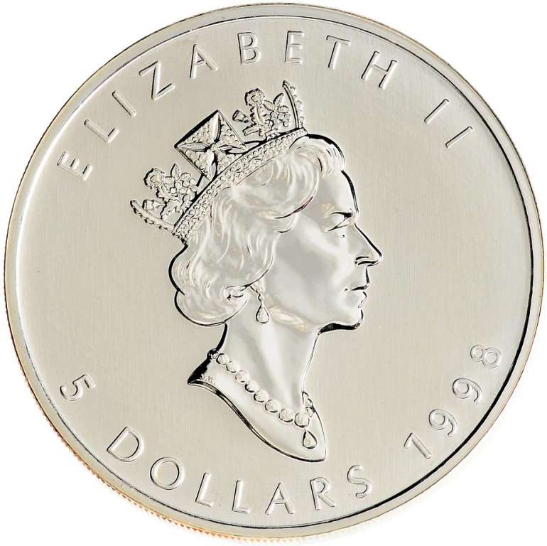 (1998) Монета Канада 1989 год 5 долларов &quot;Елизавета II - Кленовый лист&quot;  Серебро Ag 999  UNC
