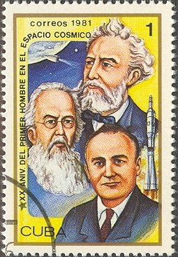 (1981-022) Марка Куба &quot;Ж. Верн, К. Циолковский, С. Королев&quot;    20 лет первого полета человека в косм