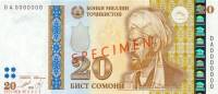 (,) Банкнота Таджикистан 1999 год 20 сомони    UNC