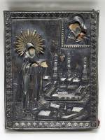 Икона Нил Столбенский с окладом дерево темпера серебро 84 пробы 1886 г 
