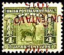 (№1915-150) Марка Перу 1915 год "Лама Лама глама перевернутая Надпечатка в Красный", Гашеная