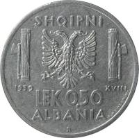  Монета Албания 1939 год 0,50     Никель  UNC