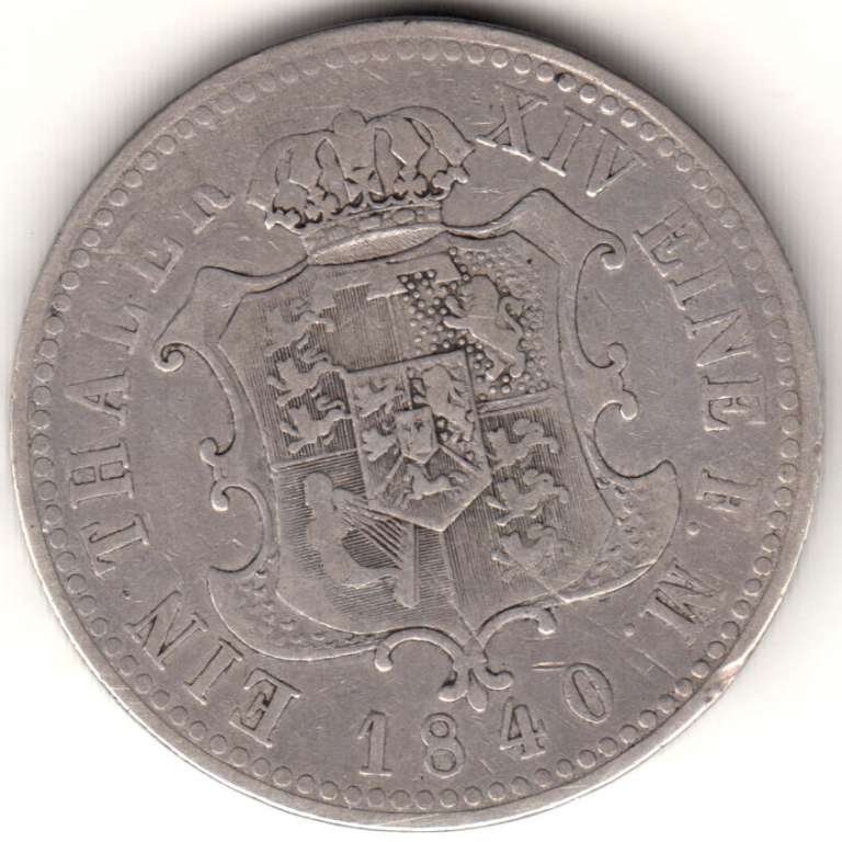 1840A Монета Германия (Ганновер) 1840 год 1 талер Эрнст Август V  Серебро Ag 900  VF