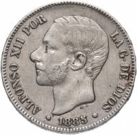 (1885) Монета Испания 1885 год 1 песета "Альфонсо XII"  Серебро Ag 835  XF
