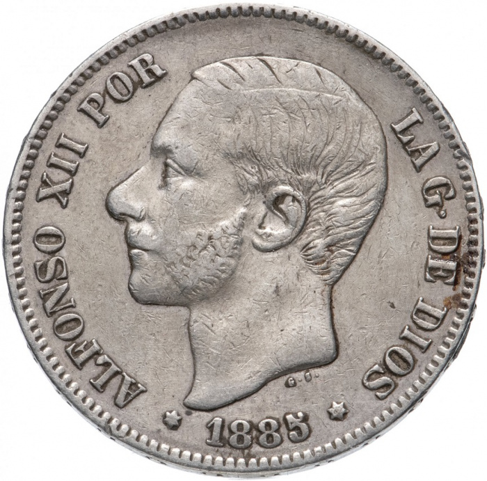 (1885) Монета Испания 1885 год 1 песета &quot;Альфонсо XII&quot;  Серебро Ag 835  XF
