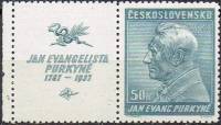 (1937-022) Марка + купон Чехословакия "Я. Пуркине (Зелено-голубая)"    150 лет со дня рождения Я. Пу