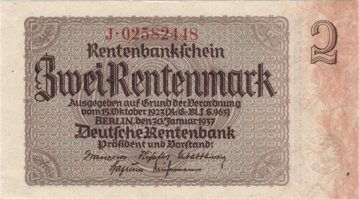 (1937) Банкнота Германия 1937 год 2 рентмарки    UNC