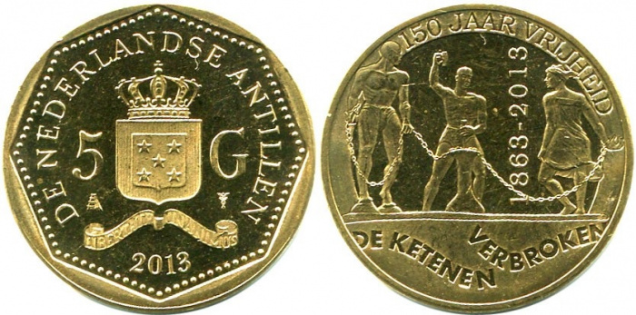 (2013) Монета Нидерландские Антильские острова 1977 год 5 гульденов &quot;Отмена рабства. 150 лет&quot;  Латун