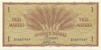 Банкнота Финляндия 1963 год 1 марка Колосья Simonen - Luukka  UNC