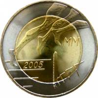 (002) Монета Финляндия 2005 год 5 евро "ЧМ по лёгкой атлетике" 1. Диаметр 35 мм. Биметалл  VF