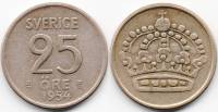 (1954) Монета Швеция 1954 год 25 эре   Серебро Ag 400  XF