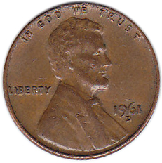 (1961d) Монета США 1961 год 1 цент   150-летие Авраама Линкольна, Мемориал Линкольна Латунь  VF