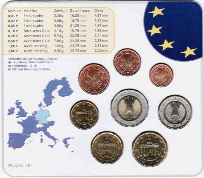 (2002d, 8 монет) Набор монет Германия (ФРГ) 2002 год    Буклет поврежден