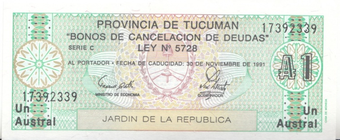 1991 Банкнота Аргентина (провинция Тукуман) 1991 год 1 аустраль    UNC