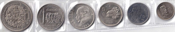 (1974-1986, 6 монет) Набор монет Мексика 1974-1986 год    UNC