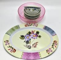 Блюдо рисунок цветы + розовая чаша + 6 пиал веточка винограда, пластик